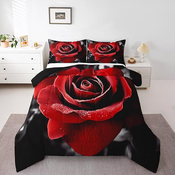 Grey Red Floral Rose King Comforter Set,Gothic Romantic Flower Rose Bedding Set