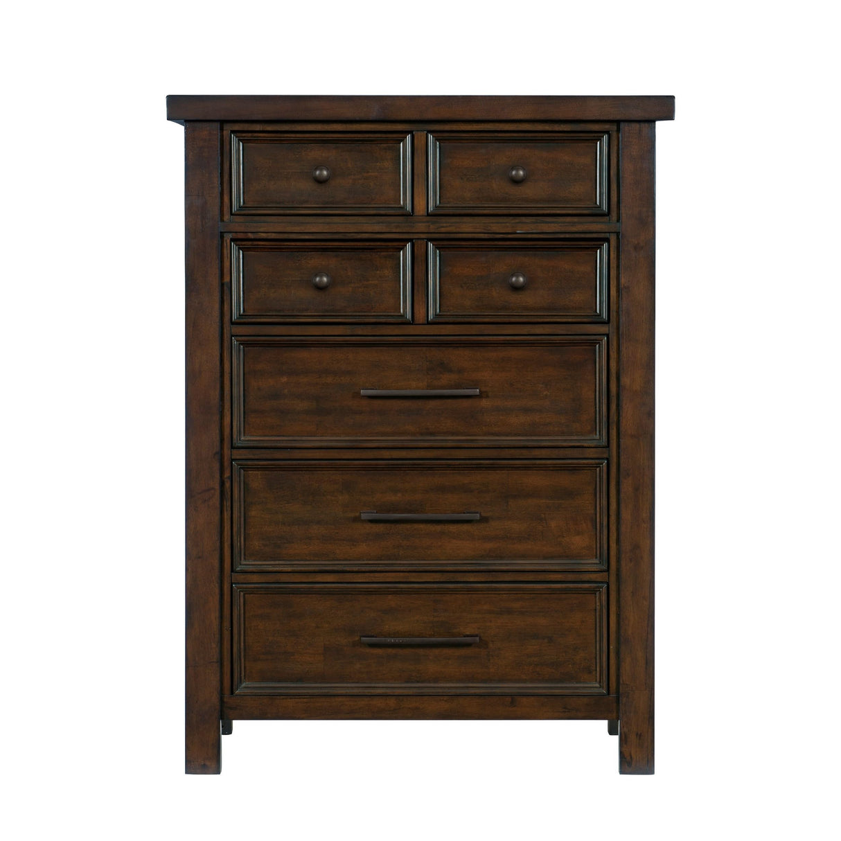 Saul 55 Inch Tall Dresser Chest, Brown, 6 Drawers, Dark Bronze Handles