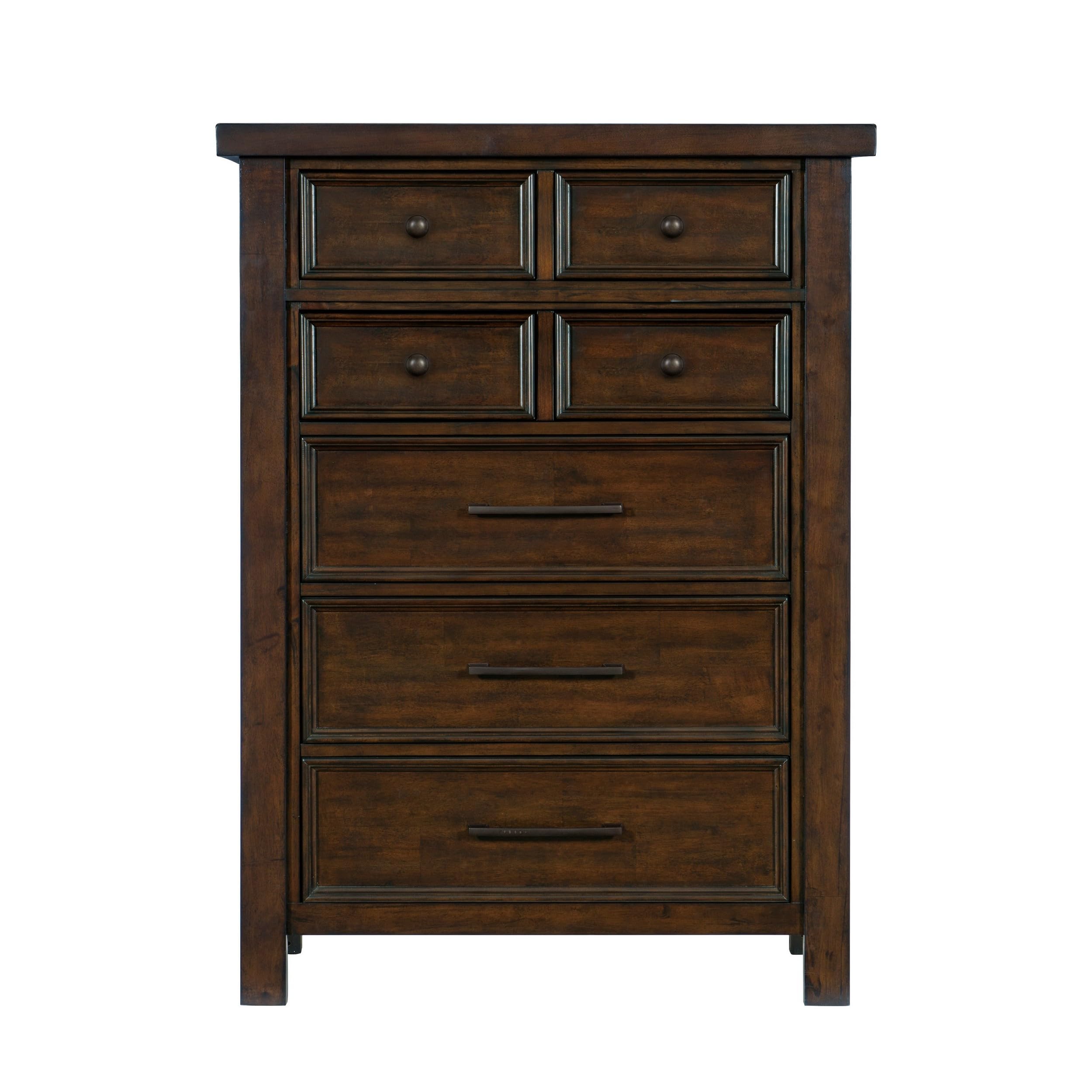 Saul 55 Inch Tall Dresser Chest, Brown, 6 Drawers, Dark Bronze Handles
