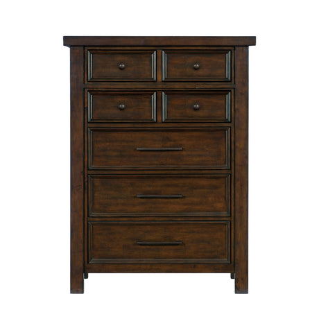 Saul 55 Inch Tall Dresser Chest, Brown, 6 Drawers, Dark Bronze Handles