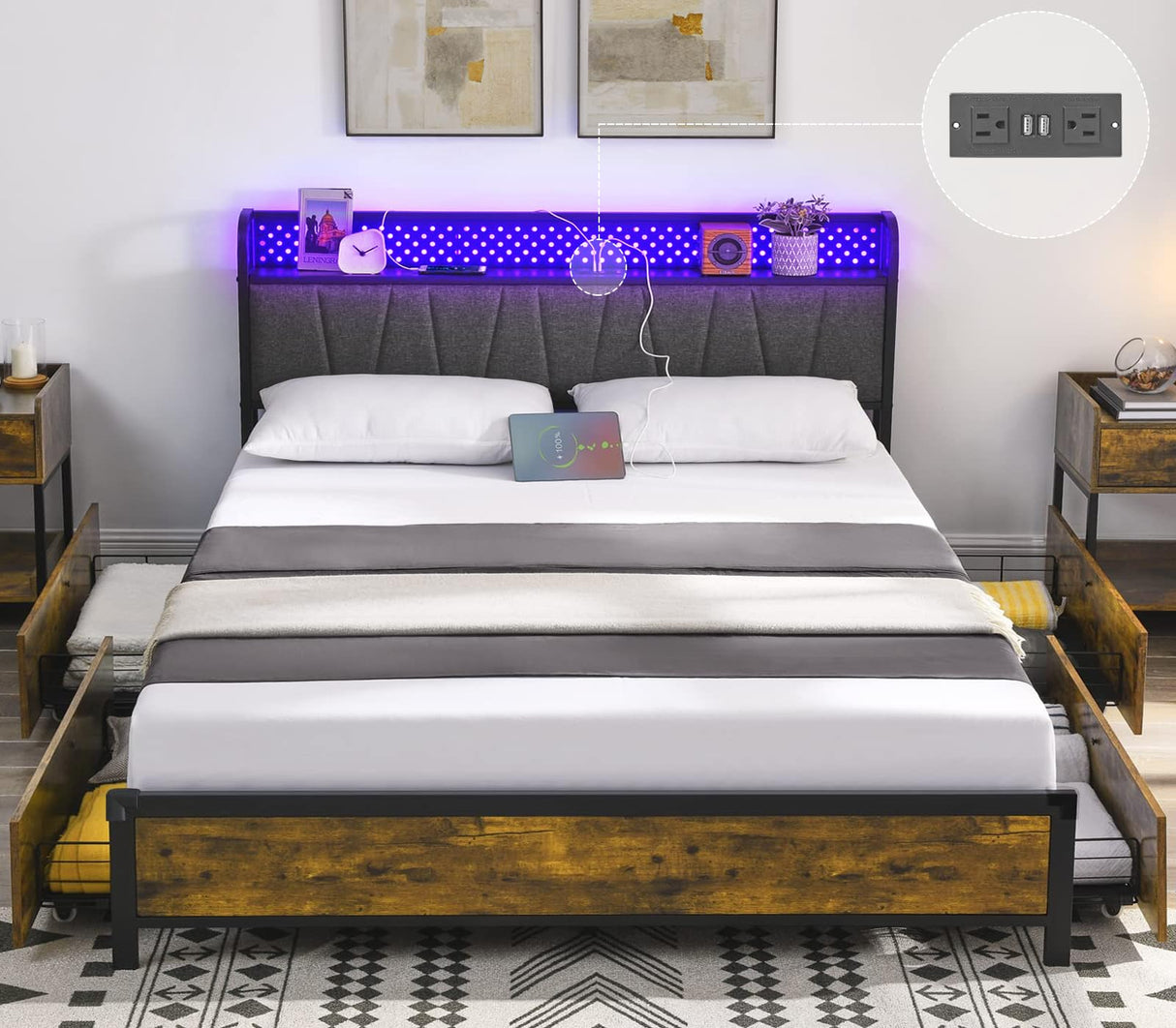 Queen Bed Frame with LED Lights and Charging Station,Upholstered Storage Headboard