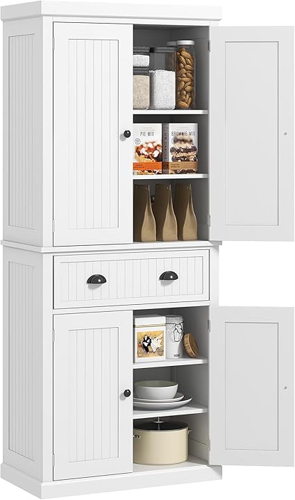 HOMCOM 72" Kitchen Pantry Cabinet, Freestanding Tall Storage Cabinet, Traditional Kitchen Cabinet with 4 Doors, Drawer and 3 Adjustable Shelves for Dining Roomd, Gray