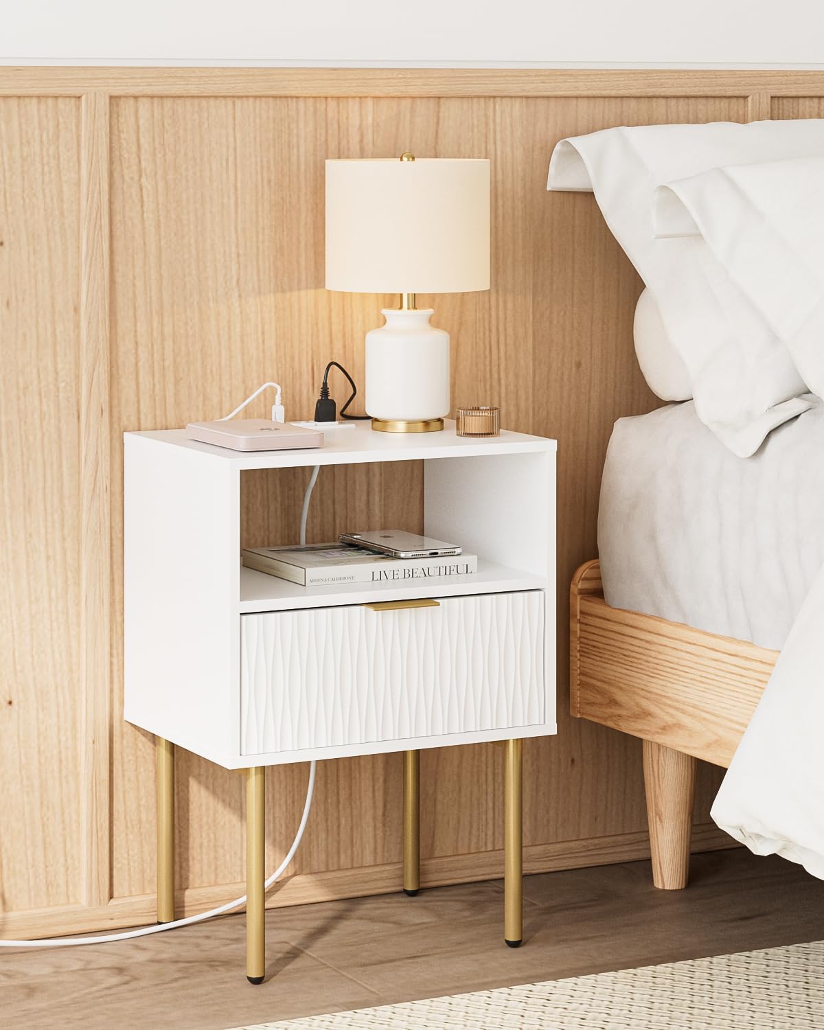 Stand Charging Station, Modern Bedside Table with Storage Drawer, Small Side Table with Open Wood Shelf, Nightstand, End Table for Bedroom, Living Room, White