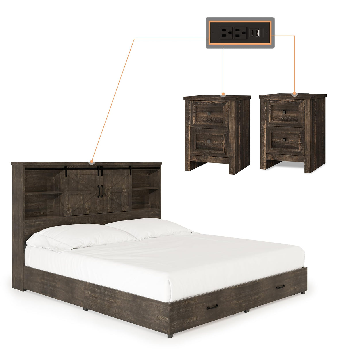 Quen Bed Frame with Nightstands Set of 2, 3-Piece Bedroom Set, Wood Platform Bed