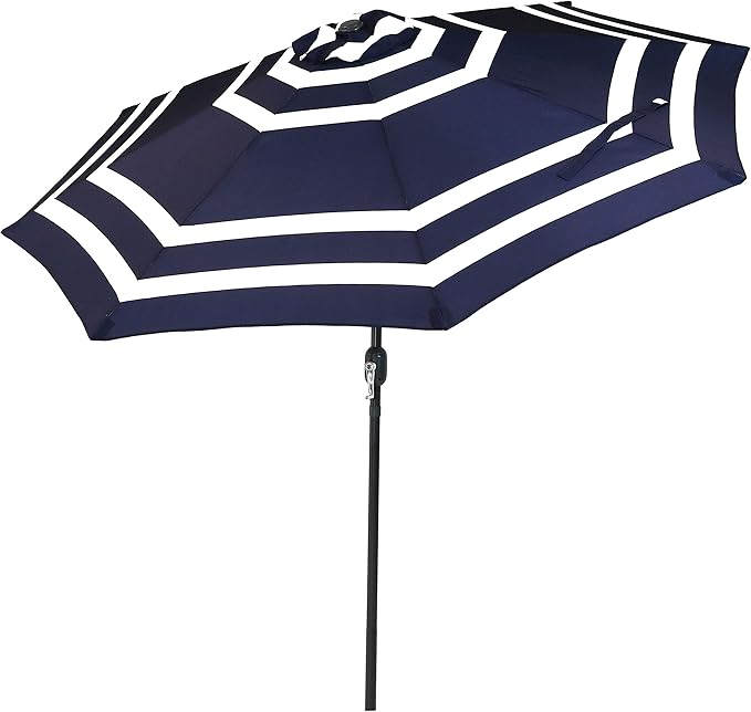 9 ft Striped Patio Umbrella - Polyester Table Market Umbrella with Push-Button Tilt and Crank