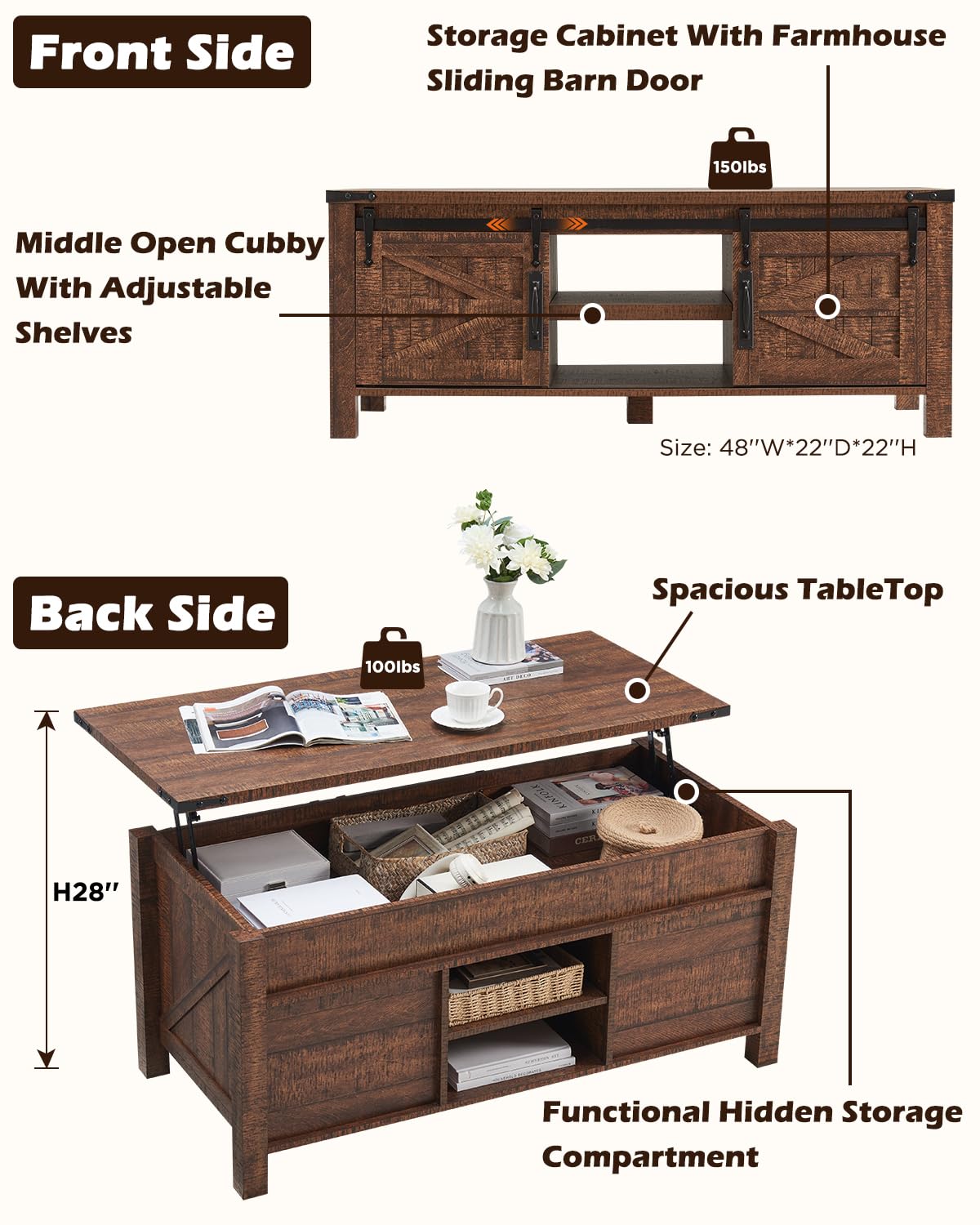 48" Farmhouse Lift Top Coffee Table with Sliding Barn Door,Rustic Center Table