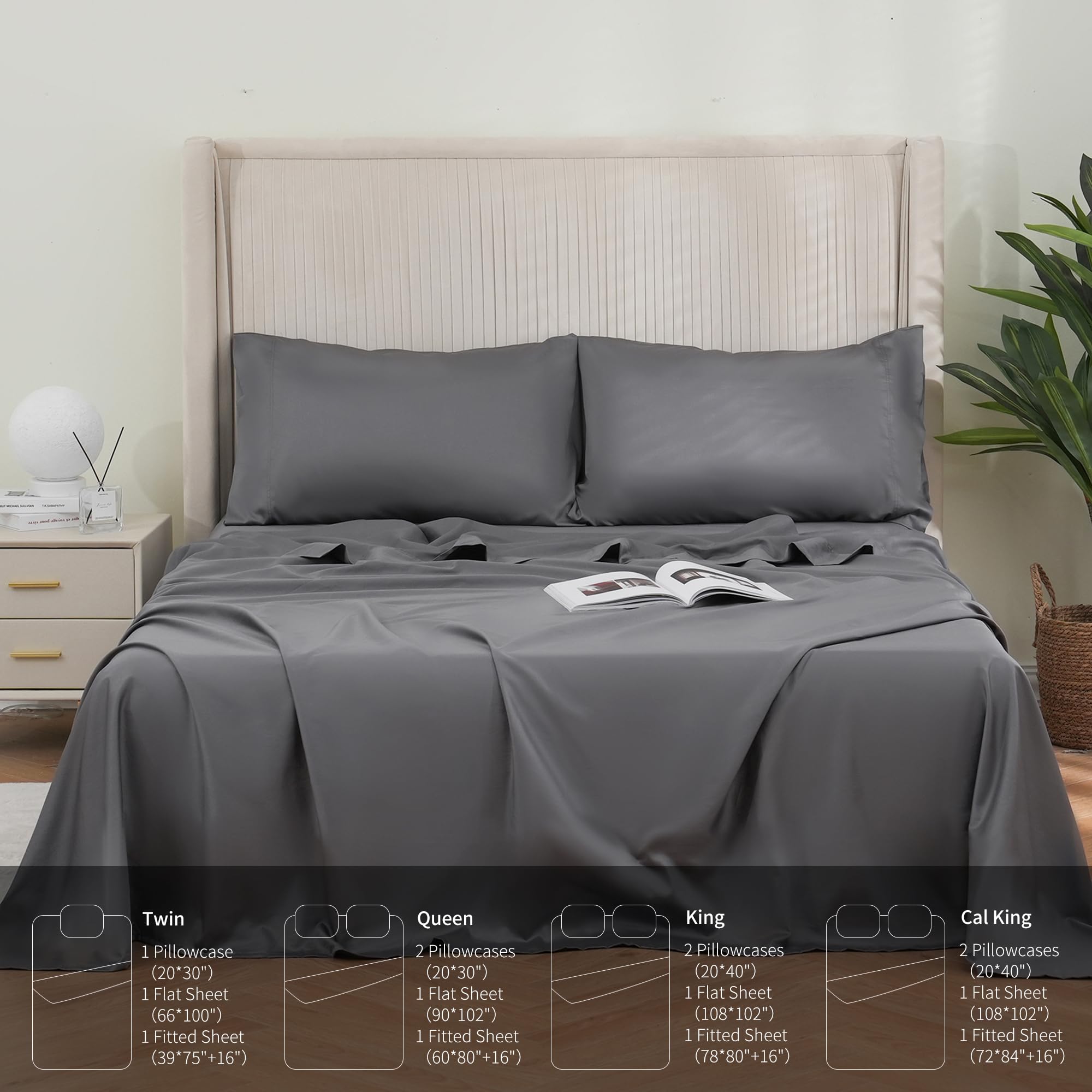 Twin Sheets Set Grey - 100% Cotton Sheets, 600 Thread Count Sateen Twin Bed Sheets