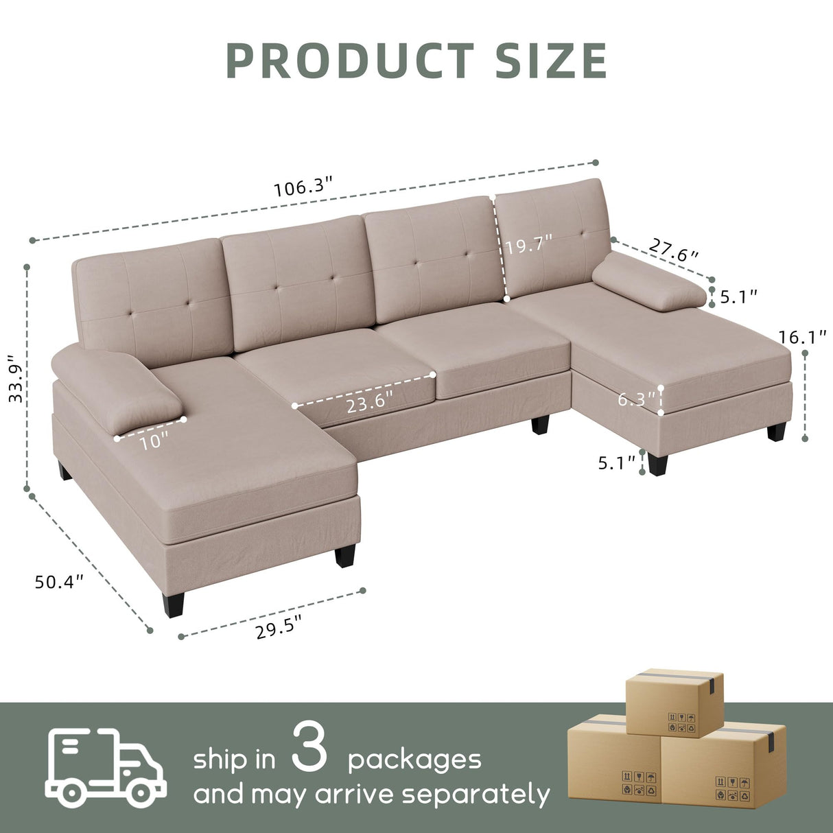 Sectional Couches for Living Room, U Shaped Sofa Couch with Double Chaise