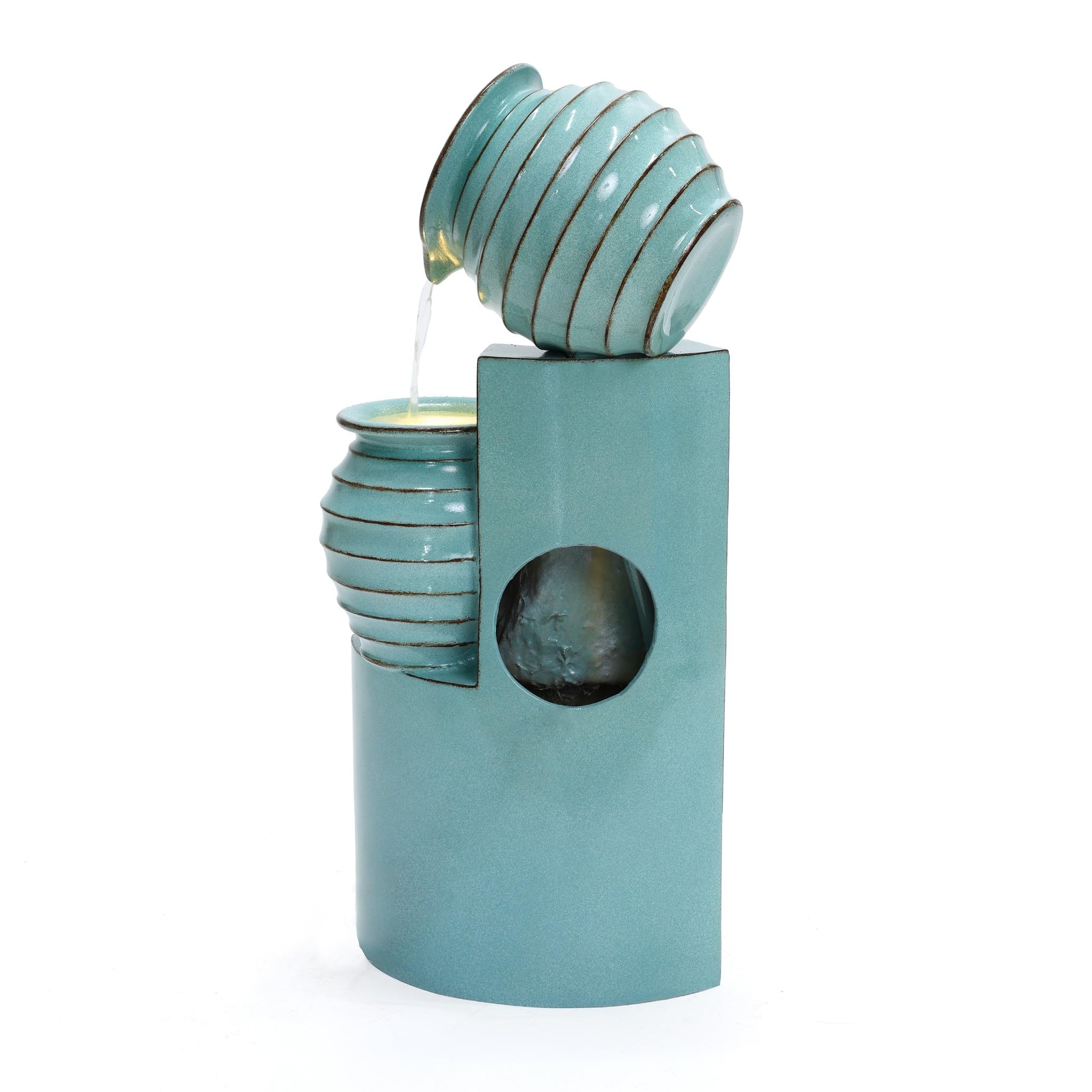 30" Tall Aqua Blue Outdoor Water Fountain with LED Lights, Cascading Resin Garden