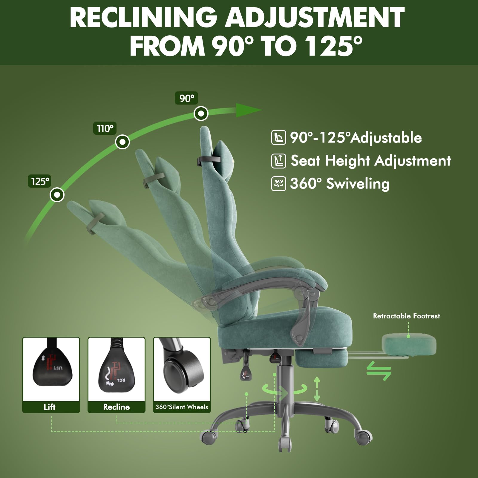 Ferghana Velvet Fabric Gaming Chair with 20.5″ Wider Seat Cushion, Fire Embroidery Ergonomic High Back Game Chair with Footrest, Computer Chair with Massage Lumbar Support for Adult, Green