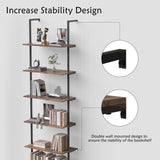 Bookshelf 6-Tier Industrial Ladder Shelf,Brown Shelves Wall Mounted Bookshelf Open Storage Rack Display Shelf Plant Stand for Living Room Kitchen Home Office Bedroom