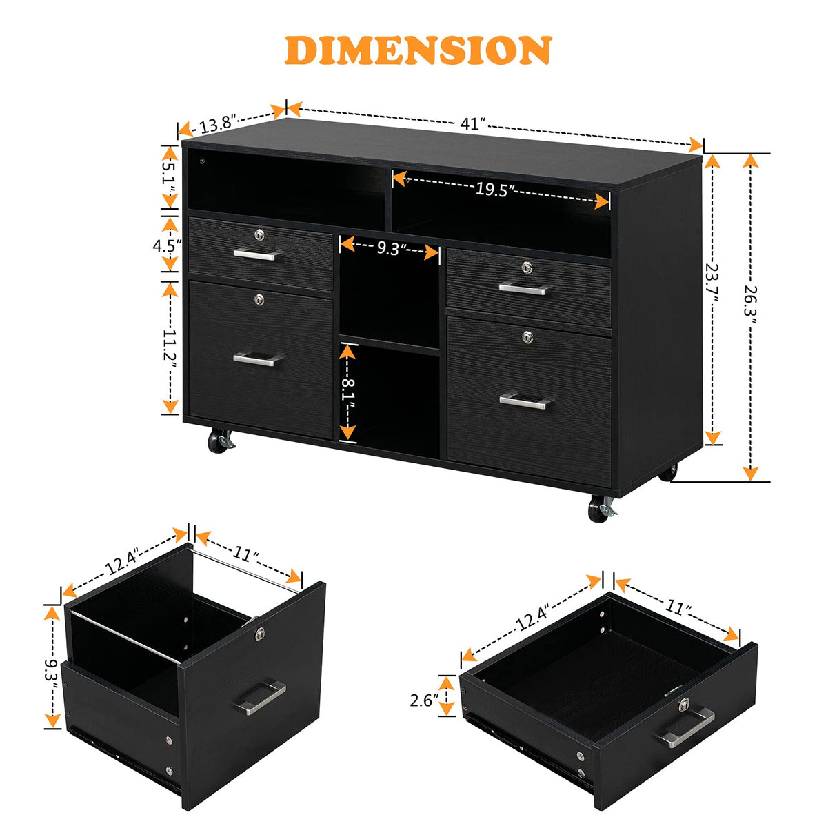 Wood Mobile File Cabinet with 4 Drawers and Shelves, Printer Stand