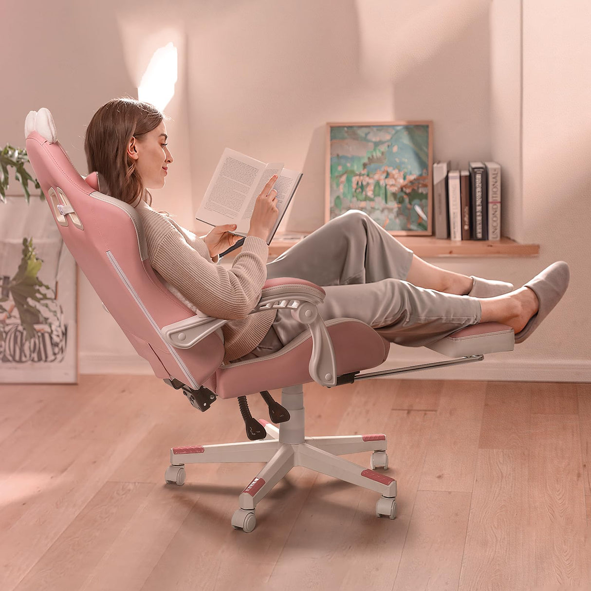 Pink Gaming Chair with Cat Ears - Ergonomic Reclining PC Chair with Footrest