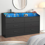 6 Drawer Dresser with Power Outlet, Chest of Drawers with LED Light