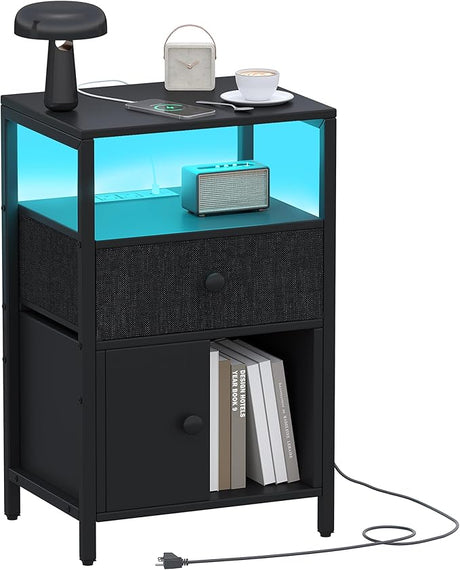 Night Stand, LED Nightstand with Drawer, Side Table with Charging Station