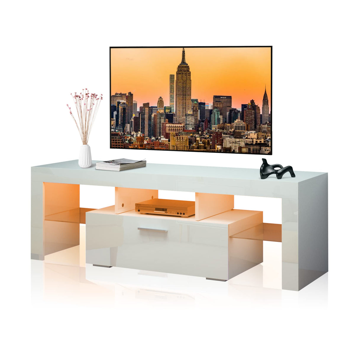 White Glossy Corner TV Stand for 55 inch TV, Modern 20 Modes LED Lights Entertainment