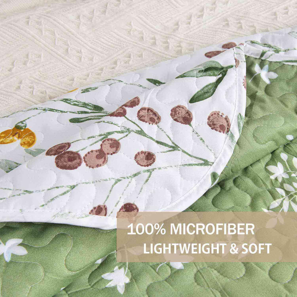 Quilt Set King Size 3 Pcs, White Floral Green Red Yellow Flower Leaf Spring