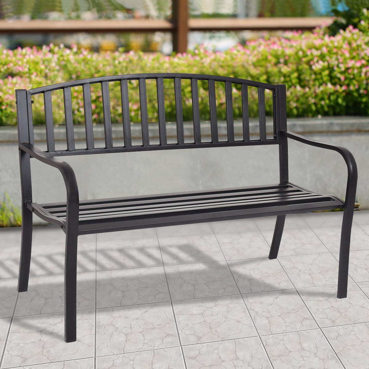 Outdoor Bench, 50” Patio Garden Bench with Steel Frame