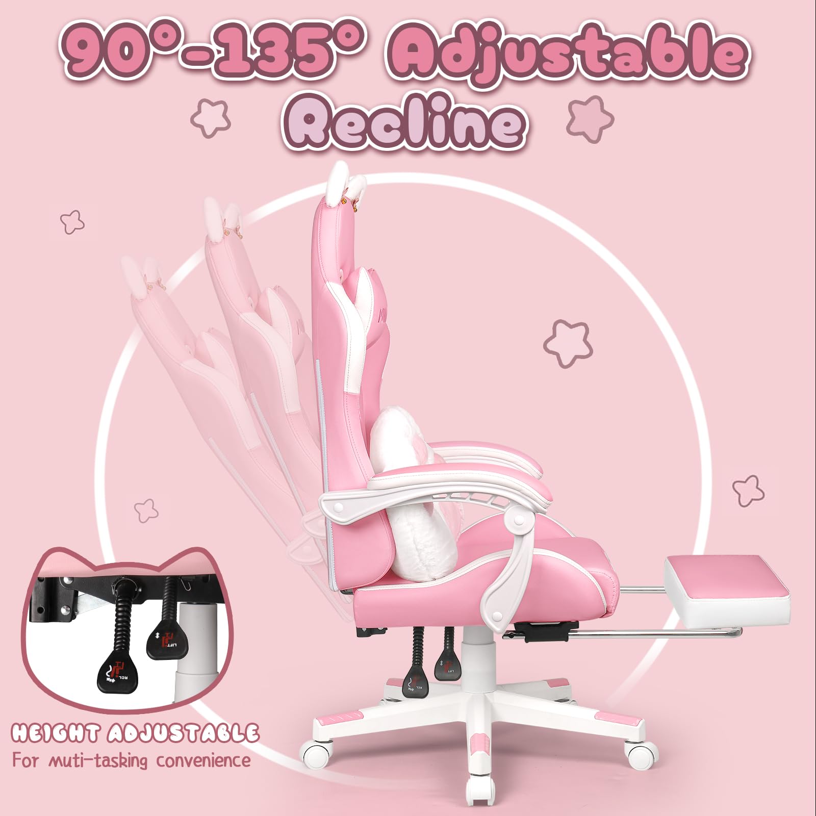 Pink Gaming Chair with Cat Ears - Ergonomic Reclining PC Chair with Footrest