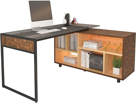 -Shape Corner Desk with Multiple Storage, Oak, 56" W x 48.75" D x 30" H