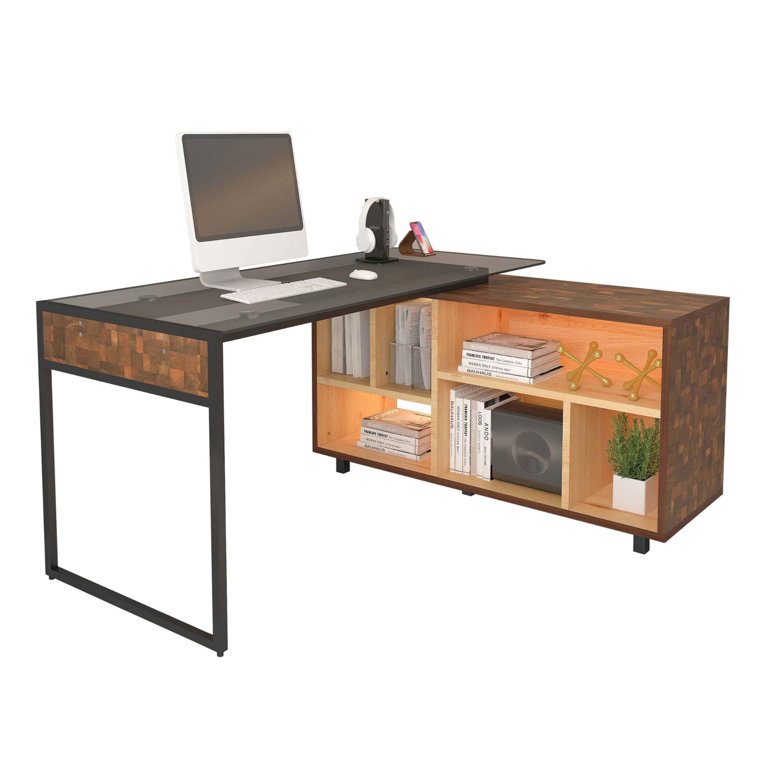 -Shape Corner Desk with Multiple Storage, Oak, 56" W x 48.75" D x 30" H