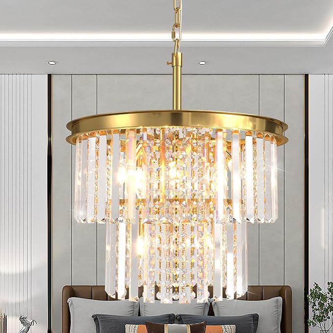 Large Long Crystal Chandelier for High Ceiling, 37-Lights Modern Gold Big Foyer Entrance Crystal