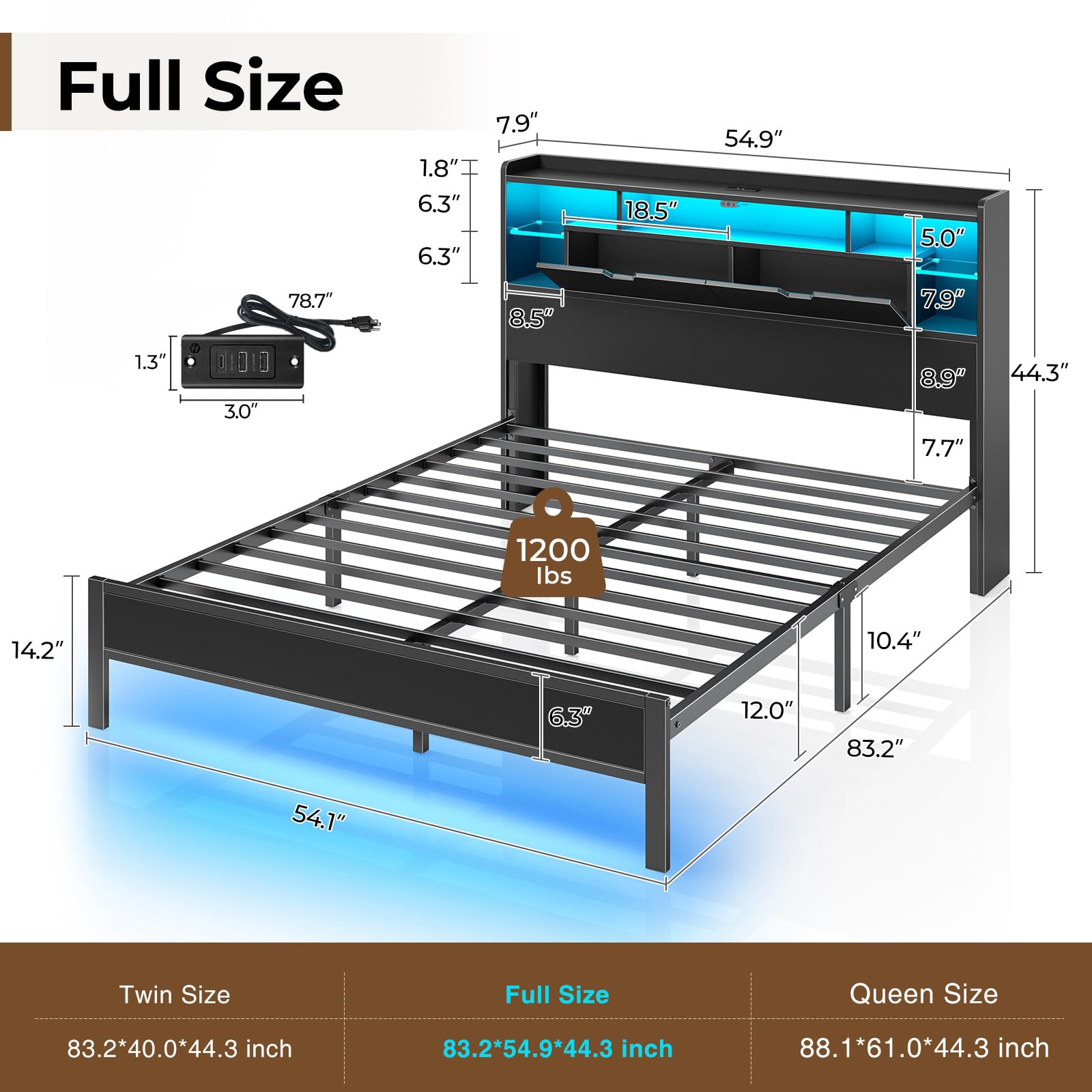 Full Size LED Bed Frame with Charging Station and Storage