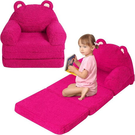 Foldable Kids Sofa, Sherpa Pink Teddy Bear Toddler Couch with Tri Folding Foam Cushions