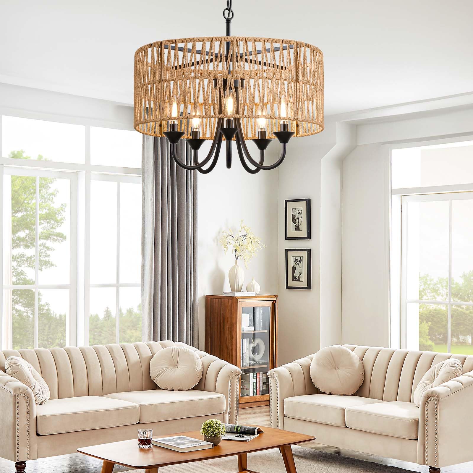 Rattan Chandelier Light Fixtures, 19.6" Hand-Woven Pendant Light with Wicker Shade, 5