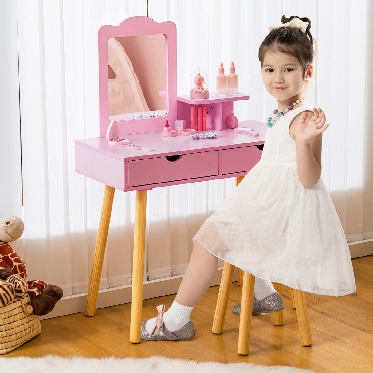 Kids Vanity with Stool, 2-in-1 Toddler Vanity w/Storage Drawers & Open Shelf