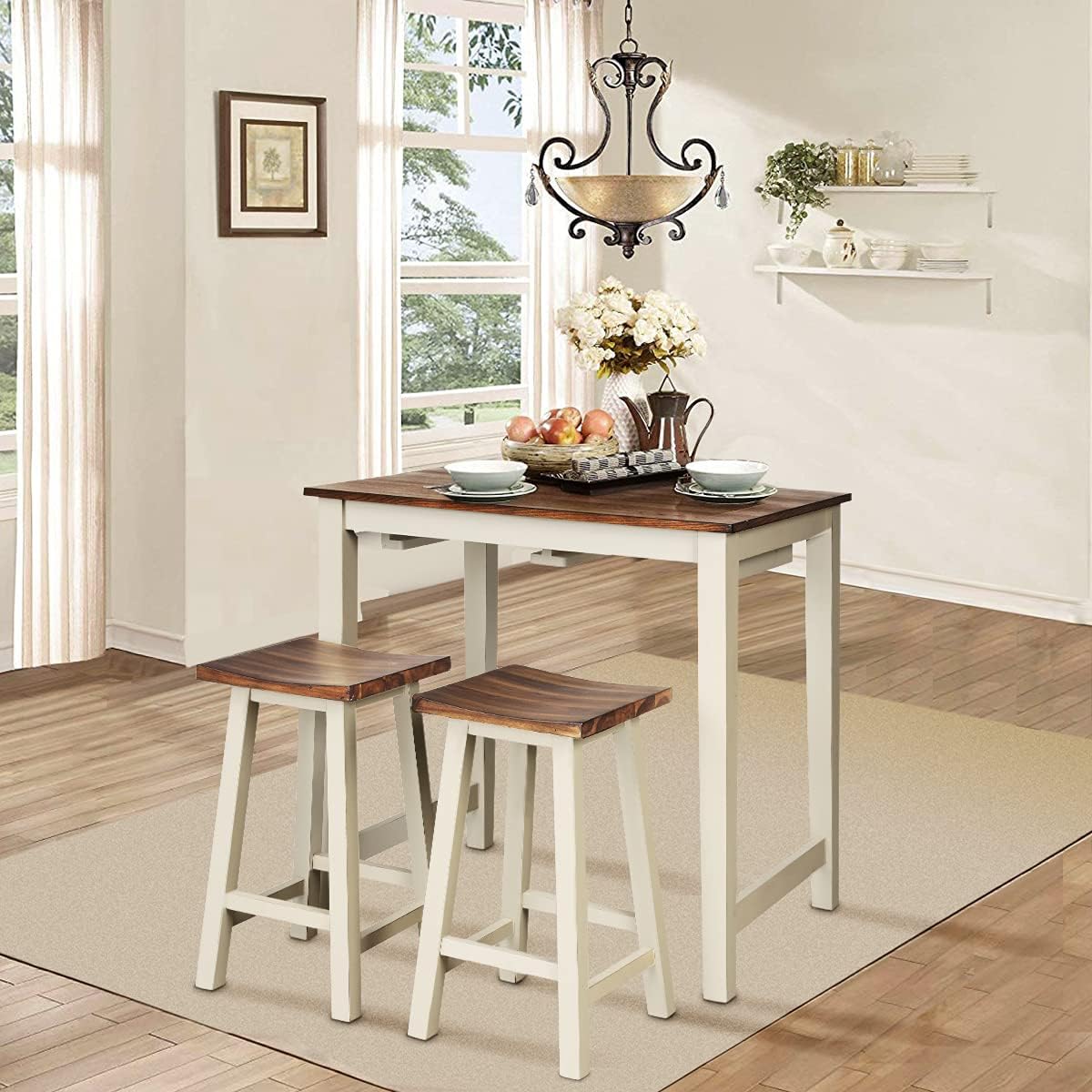 FFlyer Bar Table Set, 3 Piece Counter Height Breakfast Table with 2 Saddle Bar Stools