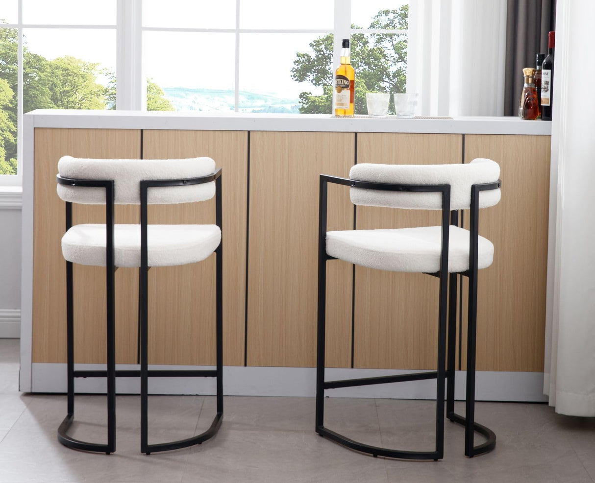 White Boucle Counter Height Bar Stools Set of 2, Modern 26 Inch Barrel Barstools