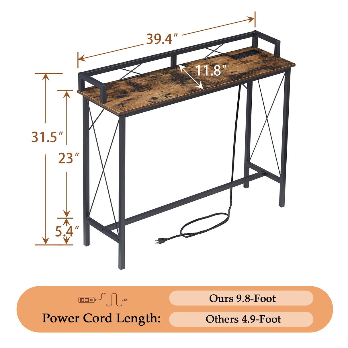 Couch Side & Console Table with 2 Outlets and USB Ports,