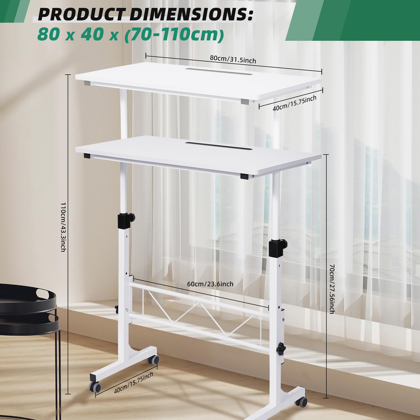 Desk Adjustable Height Portable Mobile Laptop Desk Treadmill Desk for Walk Rolling Wheel Desk Sit to Stand White