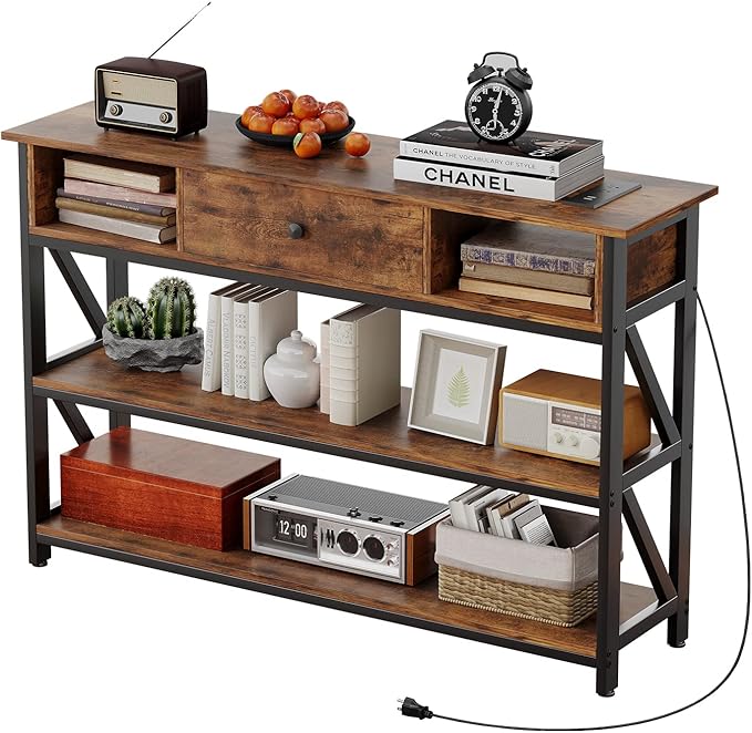 47 Inch Console Sofa Table with Drawer, Industrial Entryway Table with Storage Shelves,