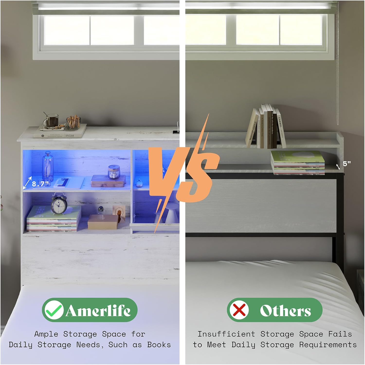 King Size Bed Frame Wooden Platform Bed with 51.2" Storage LED Bookcase Headboard