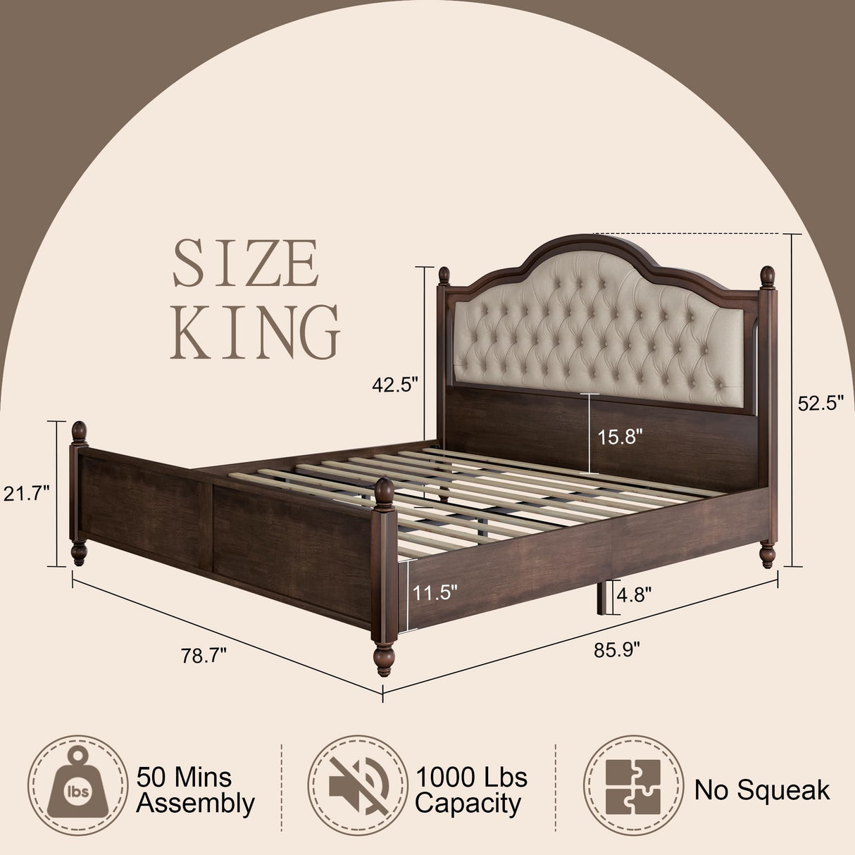 King Size Solid Wood Bed Frame, Transitional Platform Bed with 52.5" Upholstered Tufted