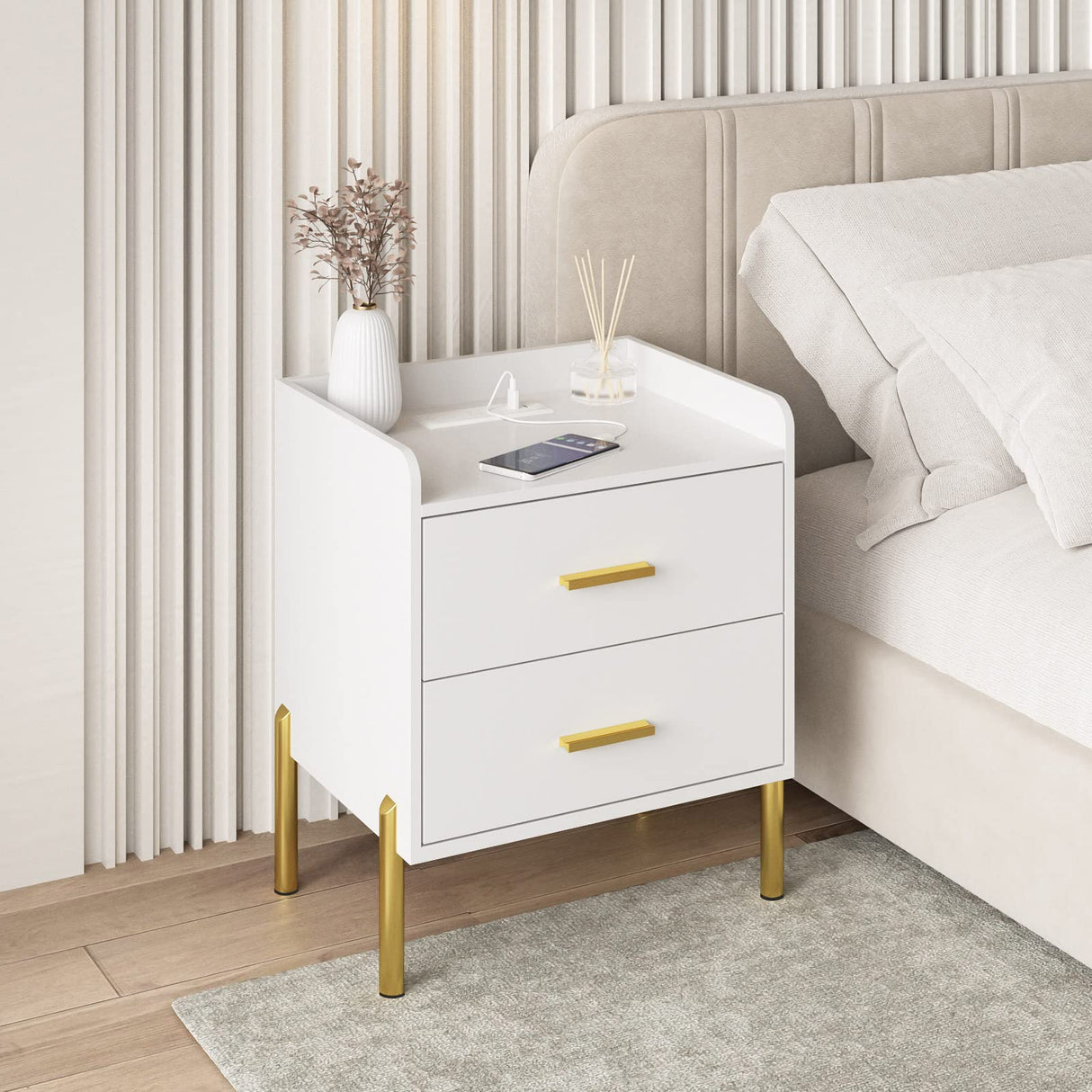 2 Drawer White Nightstand for Bedroom, Mid Century Modern End Table with Charging Station Farmhouse Storage Night Stand Side Table with USB Ports and Outlets for Living Room