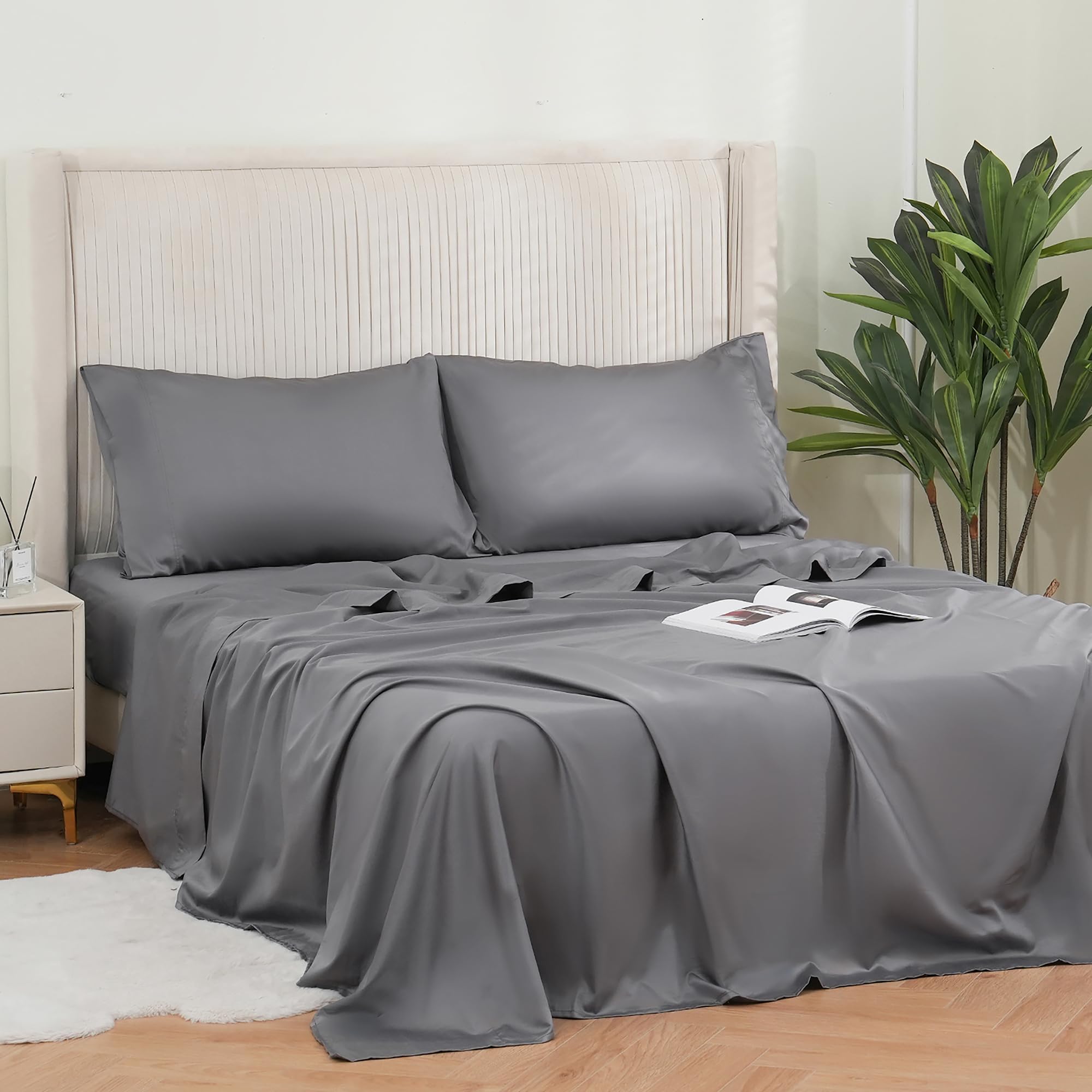 Twin Sheets Set Grey - 100% Cotton Sheets, 600 Thread Count Sateen Twin Bed Sheets