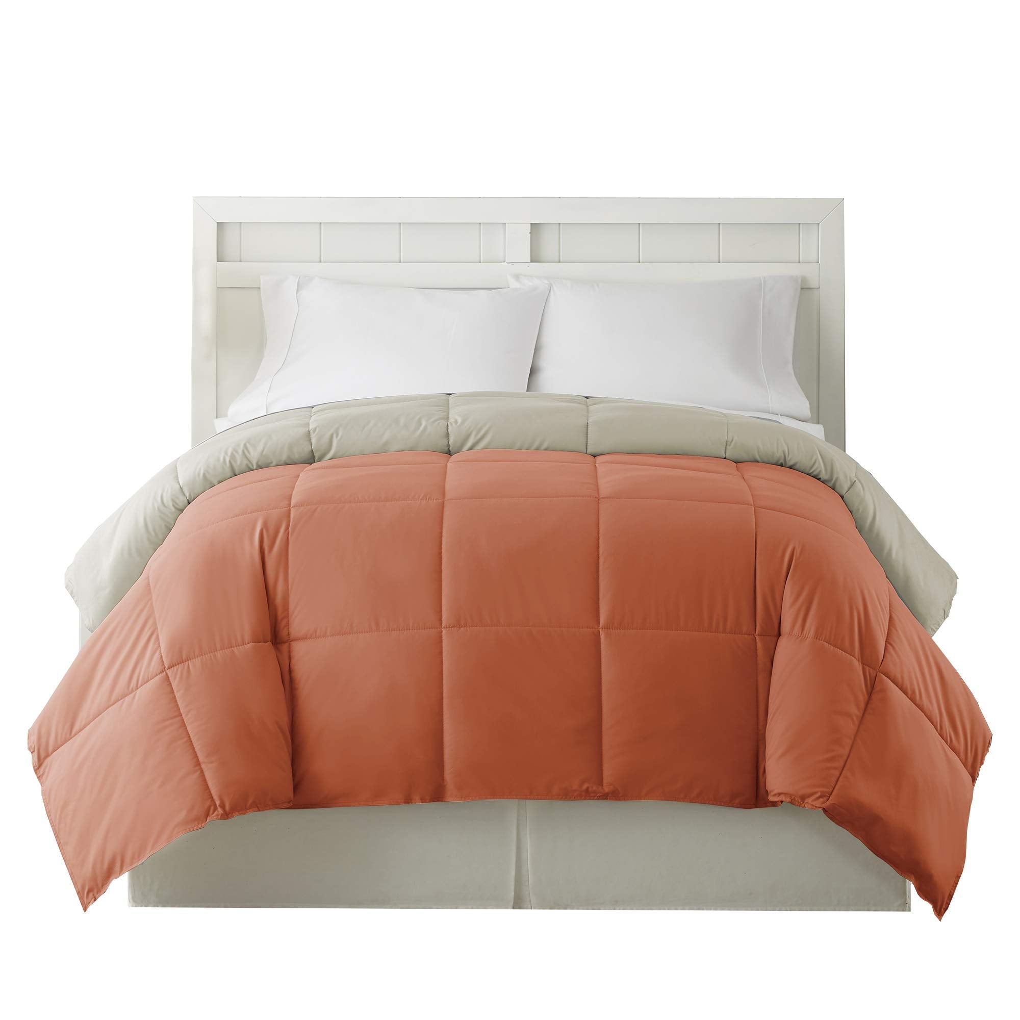Genoa Queen Size Box Quilted Reversible Comforter, Orange and Gray