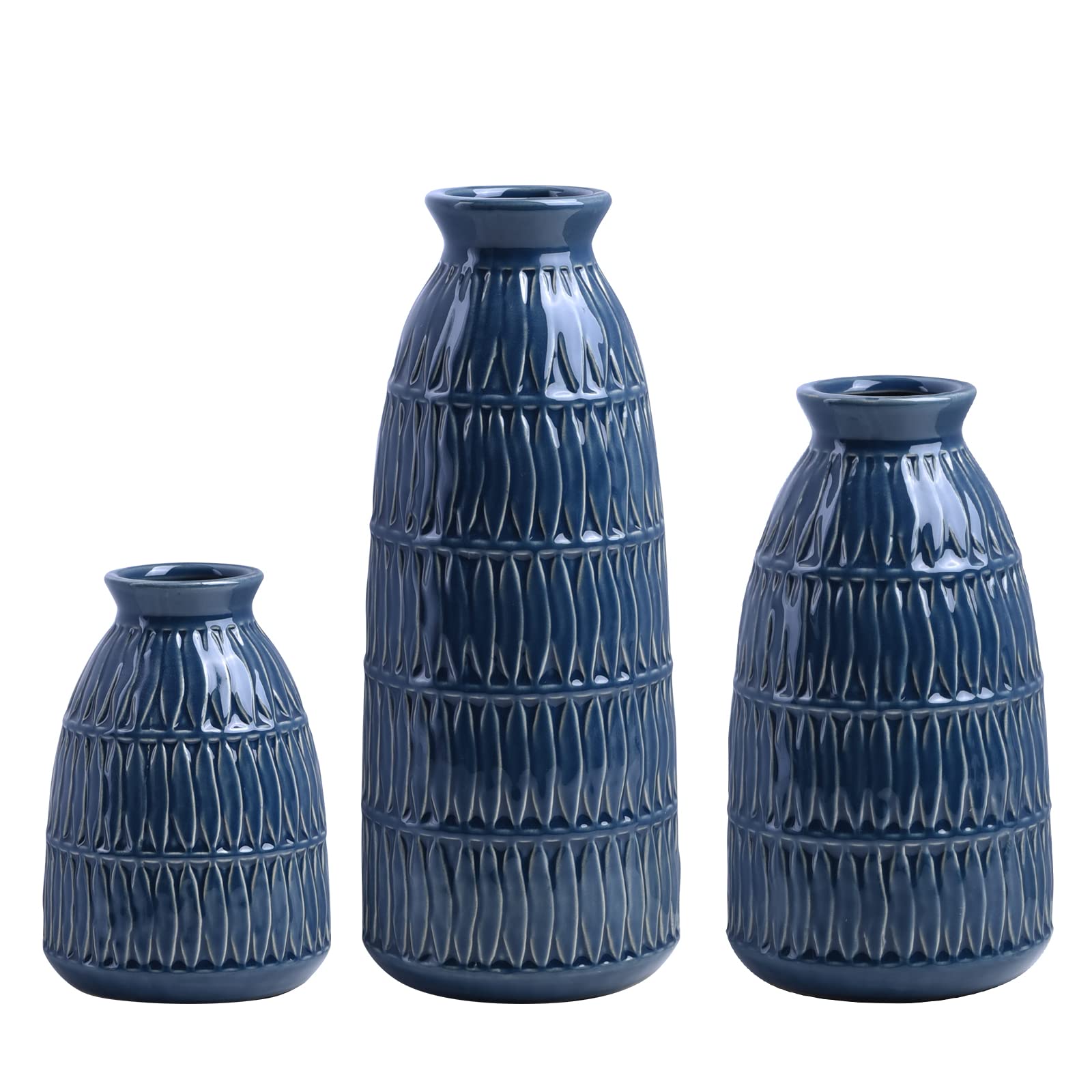 Navy Blue Ceramic Flower Vases for Home Decor Set of 3, Living Room Décor