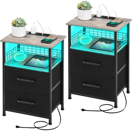 Nightstands Set of 2 with Charging Station, Night Stand with 20 Colors LED Lights and Fabric Drawer,