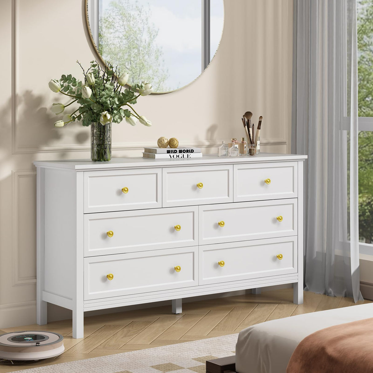 White Dresser for Bedroom, 7 Drawer Dresser with Wide Drawers