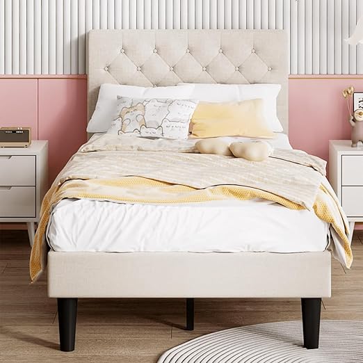 Upholstered Bed Frame Queen, Linen Platform Bed with Button Tufted Headboard