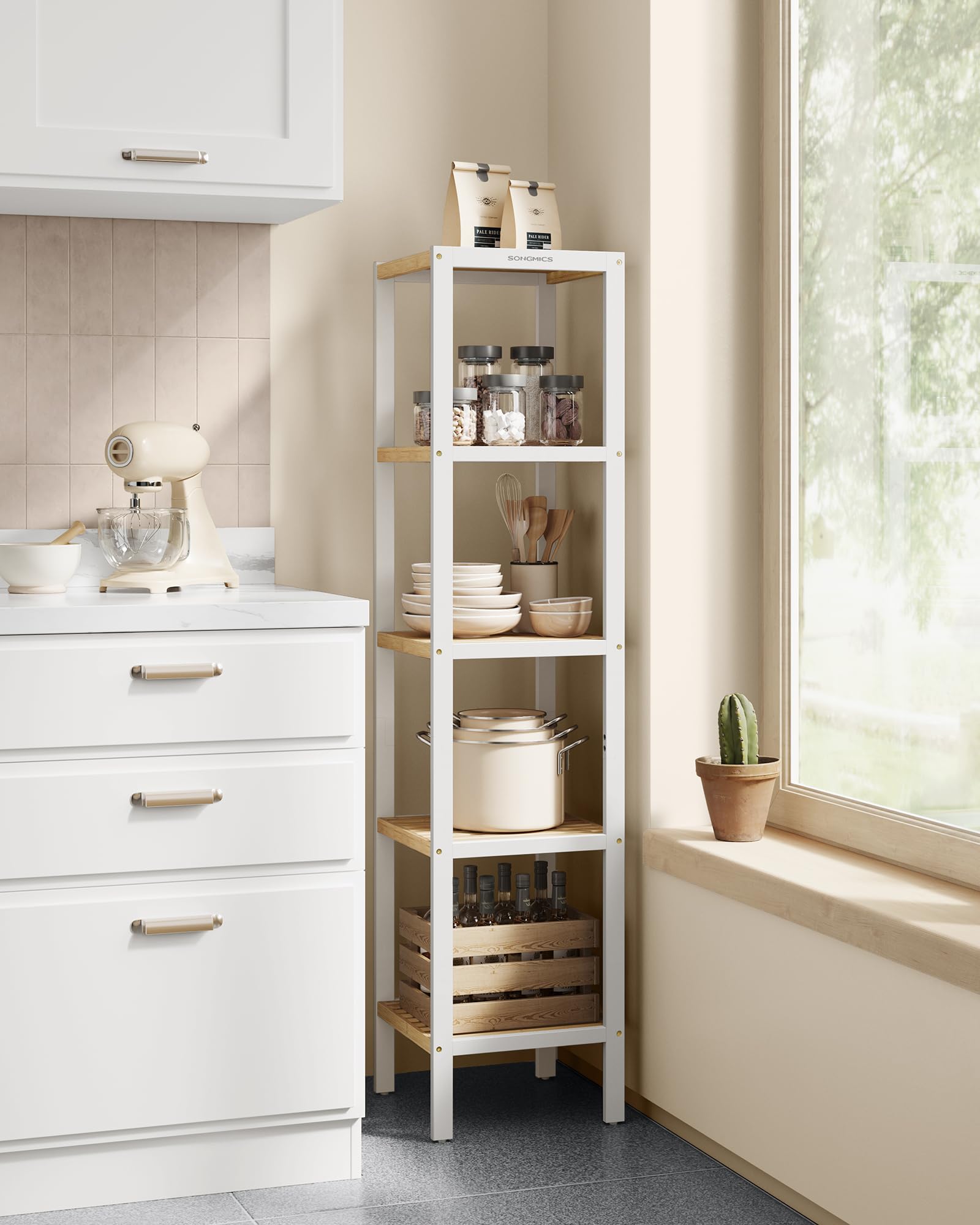 5-Tier Bamboo Bathroom Shelf, Narrow Shelving Unit