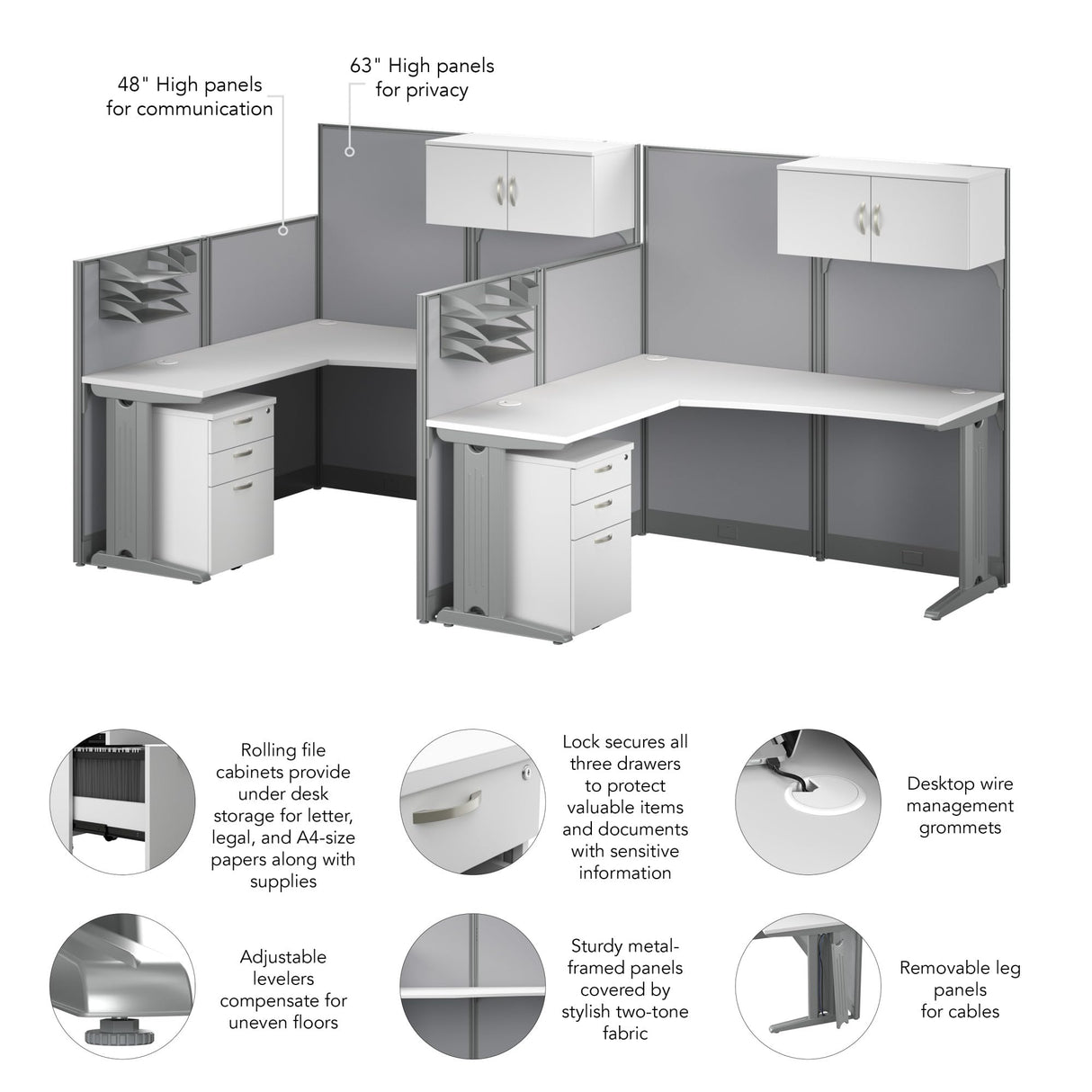 Office in an Hour L Shaped Cubicle Desks with Storage, Drawers,