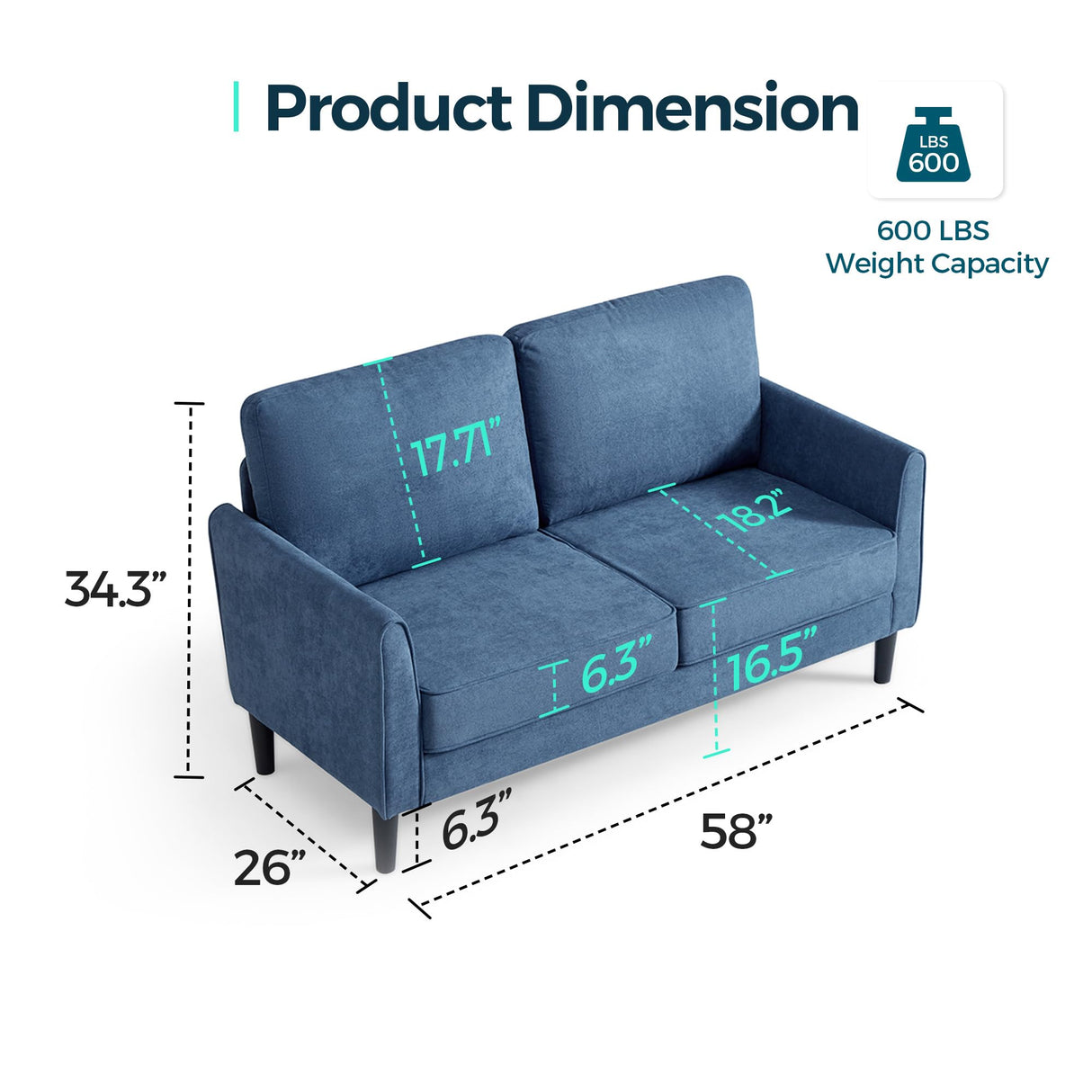 58" W Loveseat Sofa, Small Couch Modern Comfy Couch for Bedroom