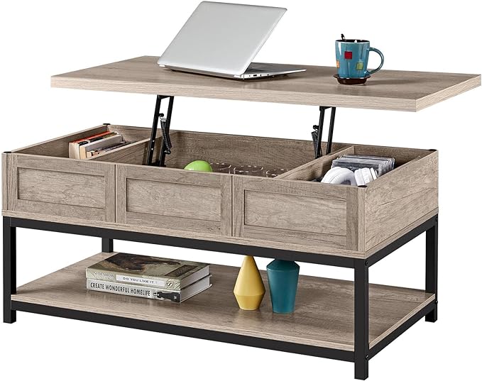 Lift Top Coffee Table with Hidden Compartments & Bottom Open Shelf