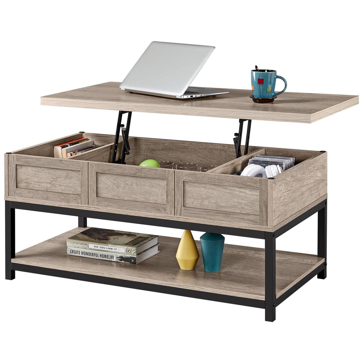 Lift Top Coffee Table with Hidden Compartments & Open Shelf