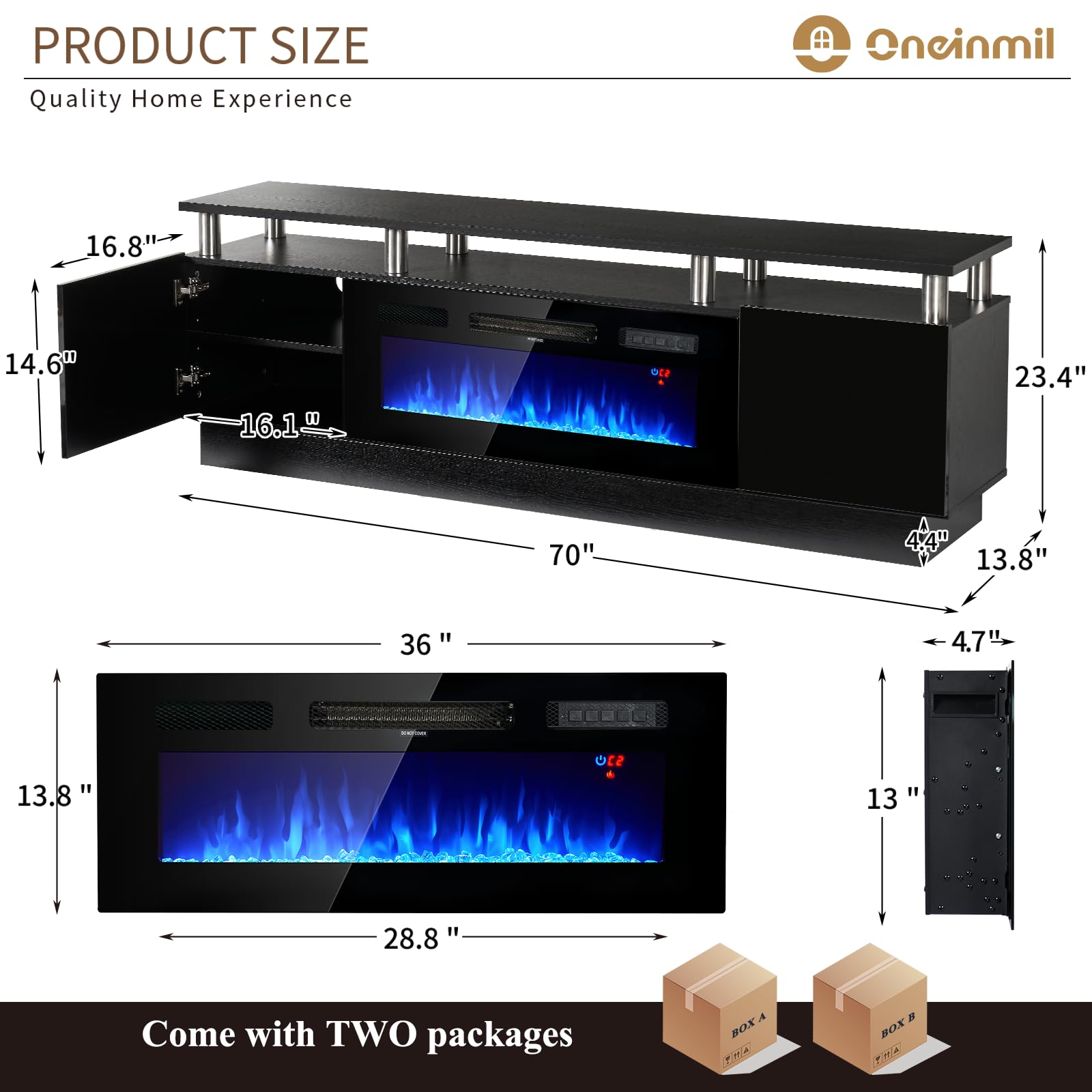 Fireplace TV Stand with 36" Electric Fireplace,LED Light Entertainment Center,2 Tier